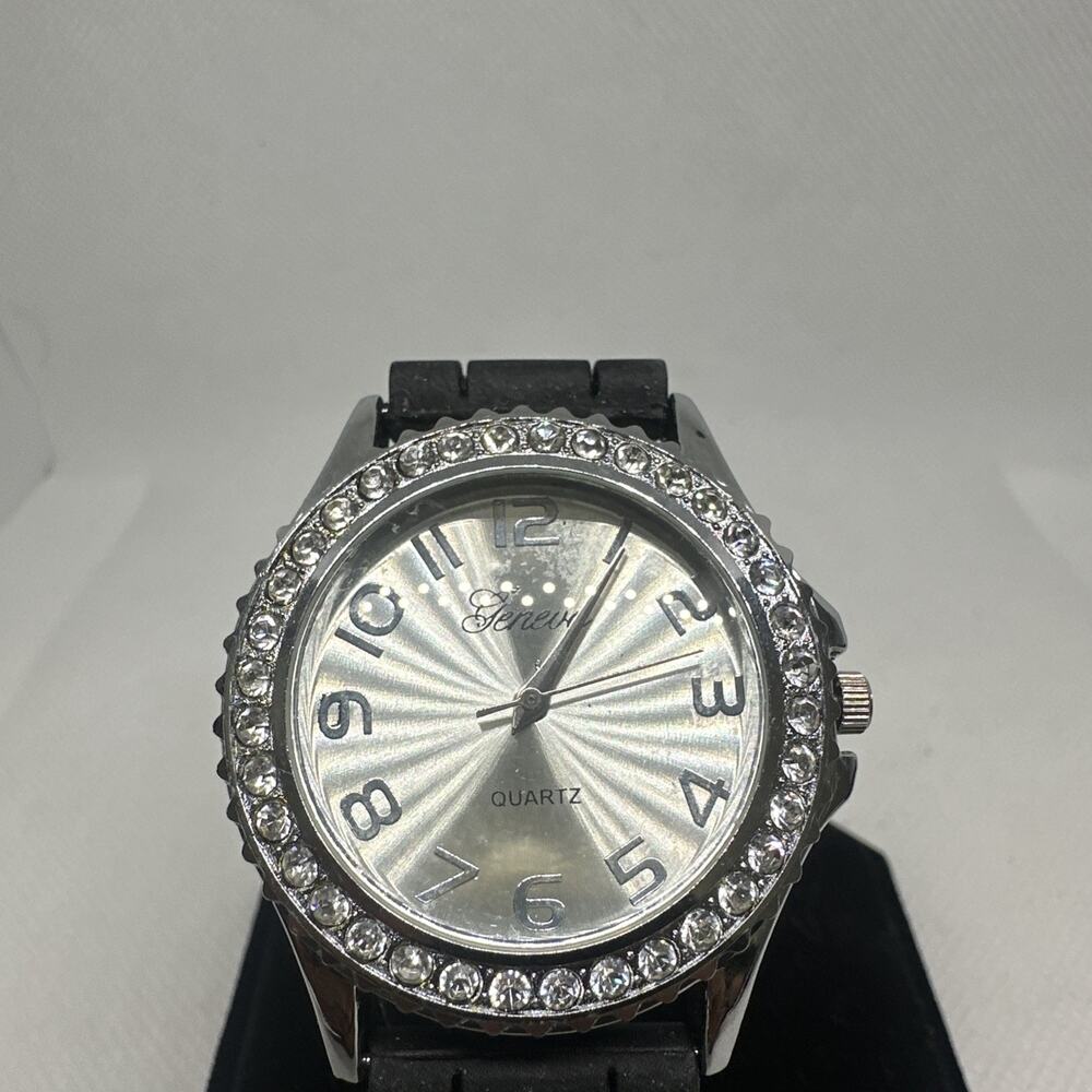 Geneva Womens Watch Black Silicone Band Faux Diamond Rhinestone Quartz Casual